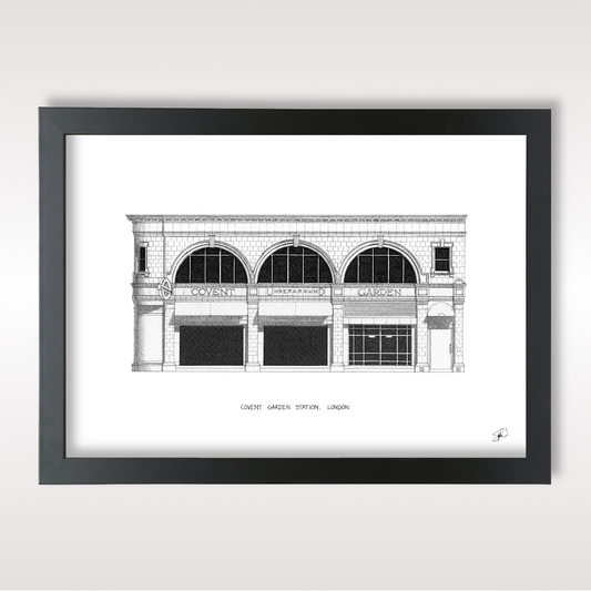 Hand-drawn architectural illustration of Covent Garden Underground Station
