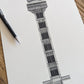 Detailed architectural drawing of Lisbon Santa Justa Lift on quality white Giclee paper