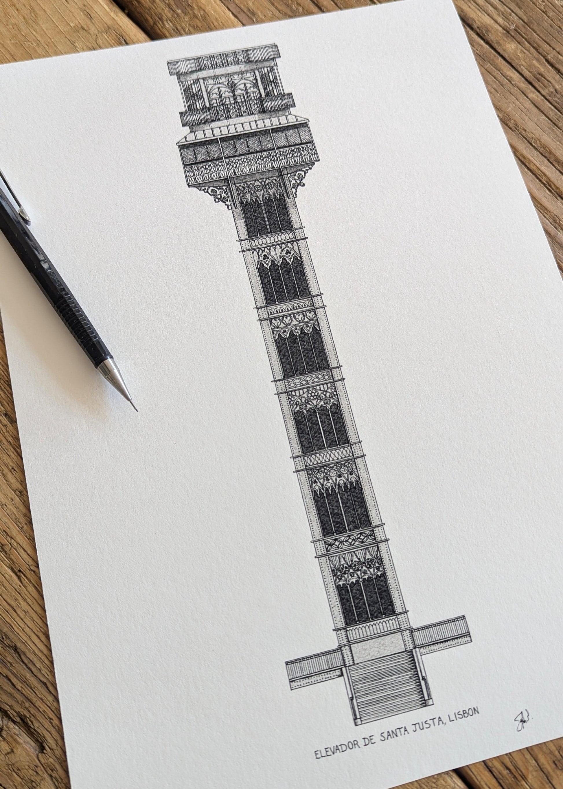 Detailed architectural drawing of Lisbon Santa Justa Lift on quality white Giclee paper