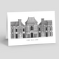Greeting card with black and white illustration of Eltham Palace, London on a white background