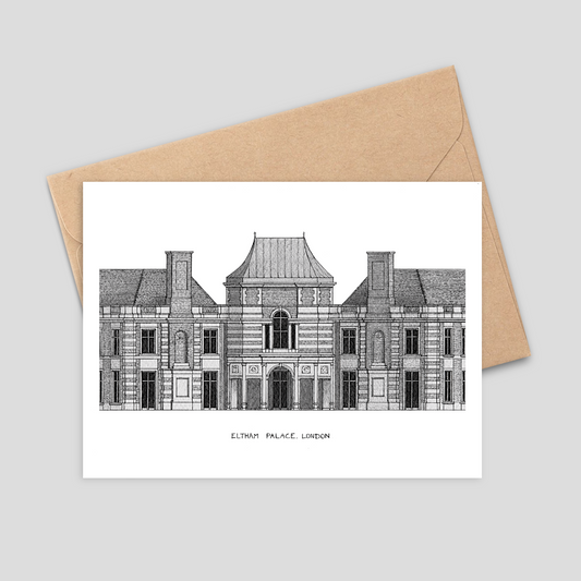 Greeting card with architectural illustration of Eltham Palace, London, on a white background with a brown envelope.