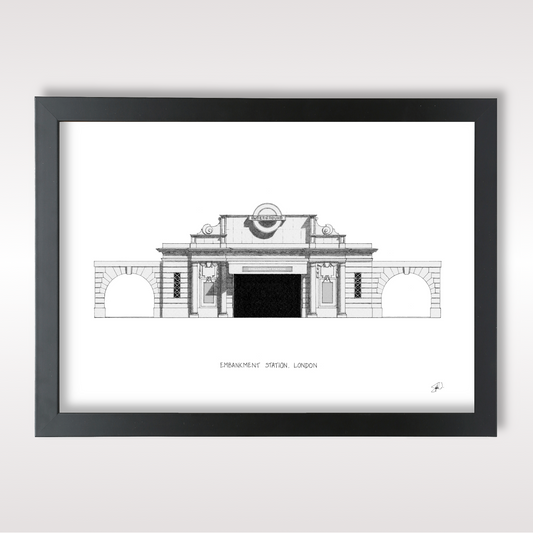 Hand-drawn architectural illustration of Embankment Underground Station in London
