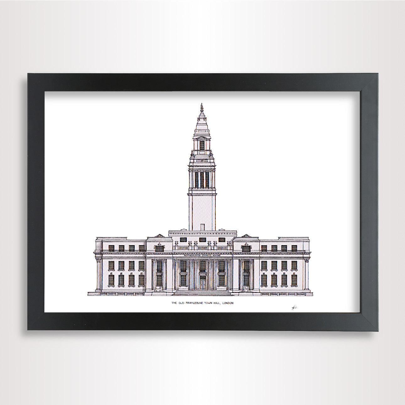 Framed drawing of Old Marylebone Town Hall in London. Architectural illustration perfect for weddings.
