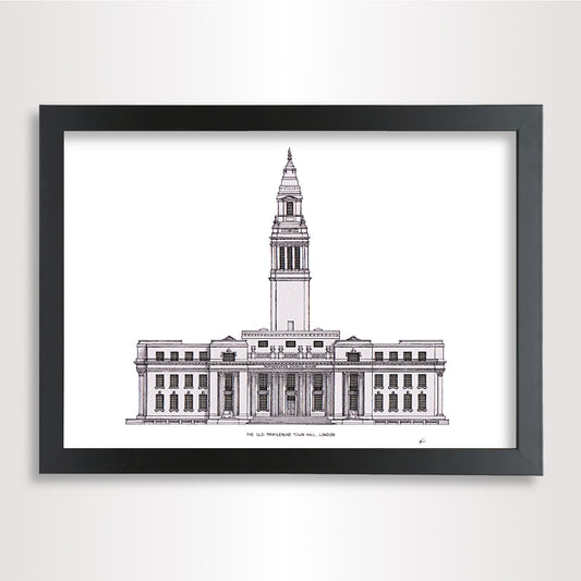 Framed drawing of Old Marylebone Town Hall in London. Architectural illustration perfect for weddings.