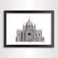 A framed black and white architectural art print of the Cathedral in Galway, displayed on a clean white wall.