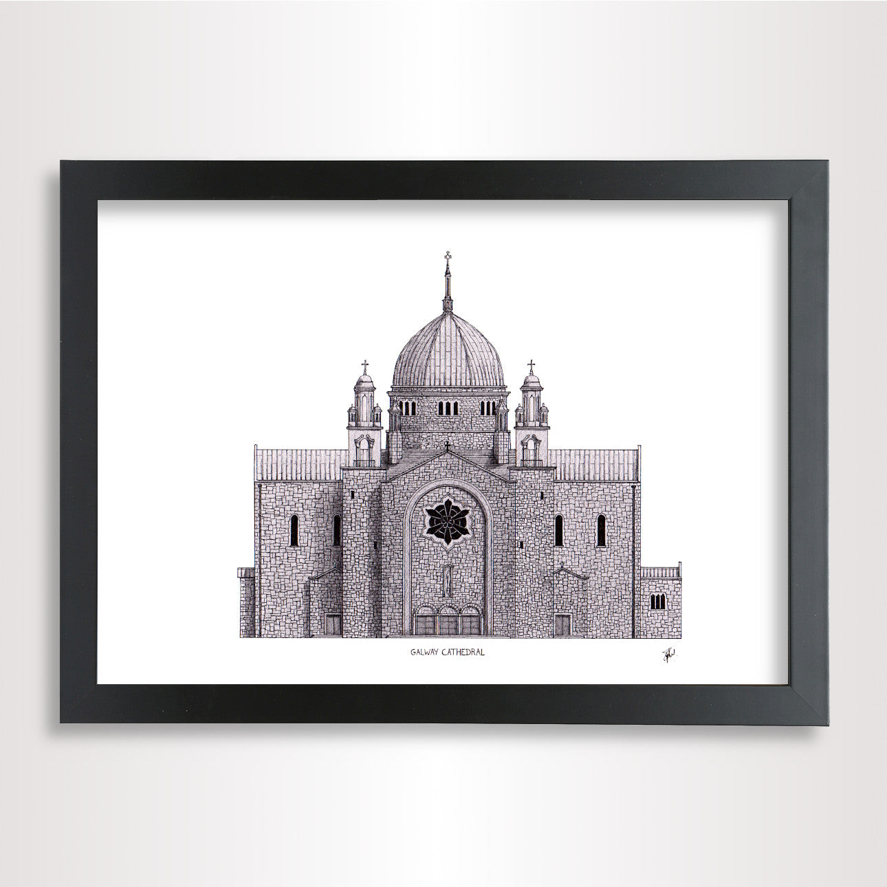 A framed black and white architectural art print of the Cathedral in Galway, displayed on a clean white wall.