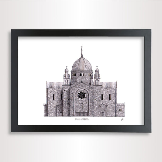 A framed black and white architectural art print of the Cathedral in Galway, displayed on a clean white wall.