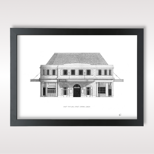 Hand-drawn architectural illustration of Great Portland Street Underground Station