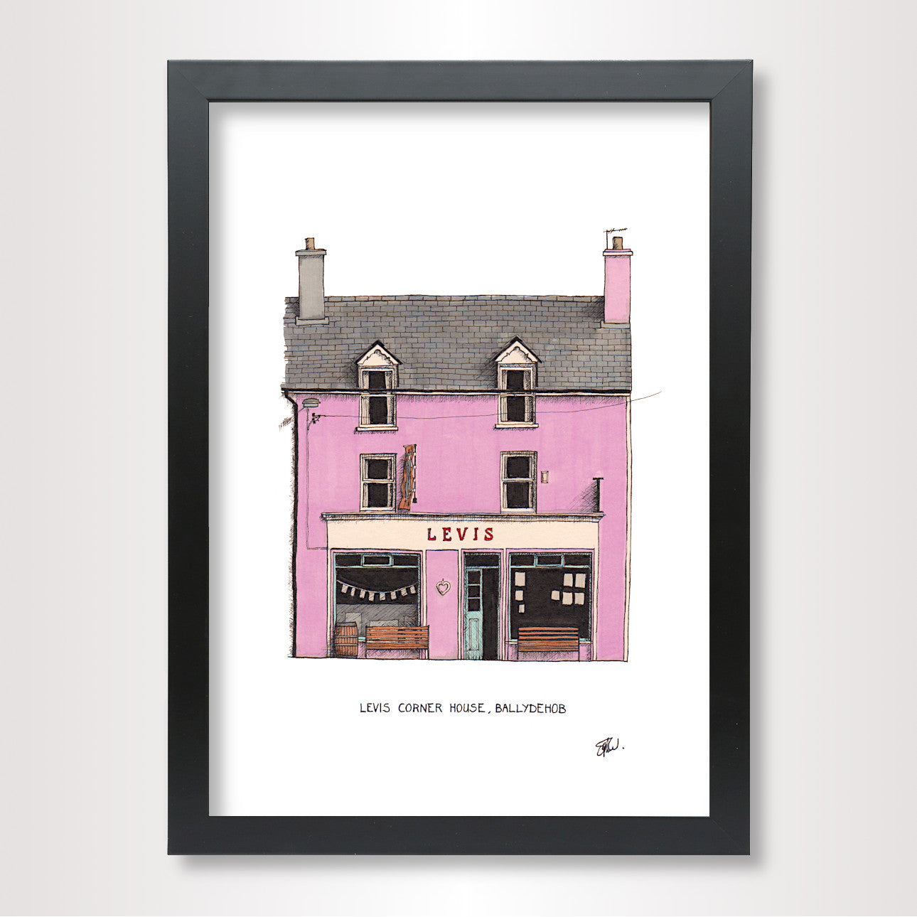 A hand-drawn illustration of the 'Levis Corner House' in Ballydehob in West Cork.