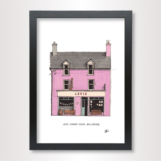 A hand-drawn illustration of the 'Levis Corner House' in Ballydehob in West Cork.