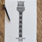 Black and white architectural drawing of Elevador Santa Justa in Lisbon, on a white quality paper