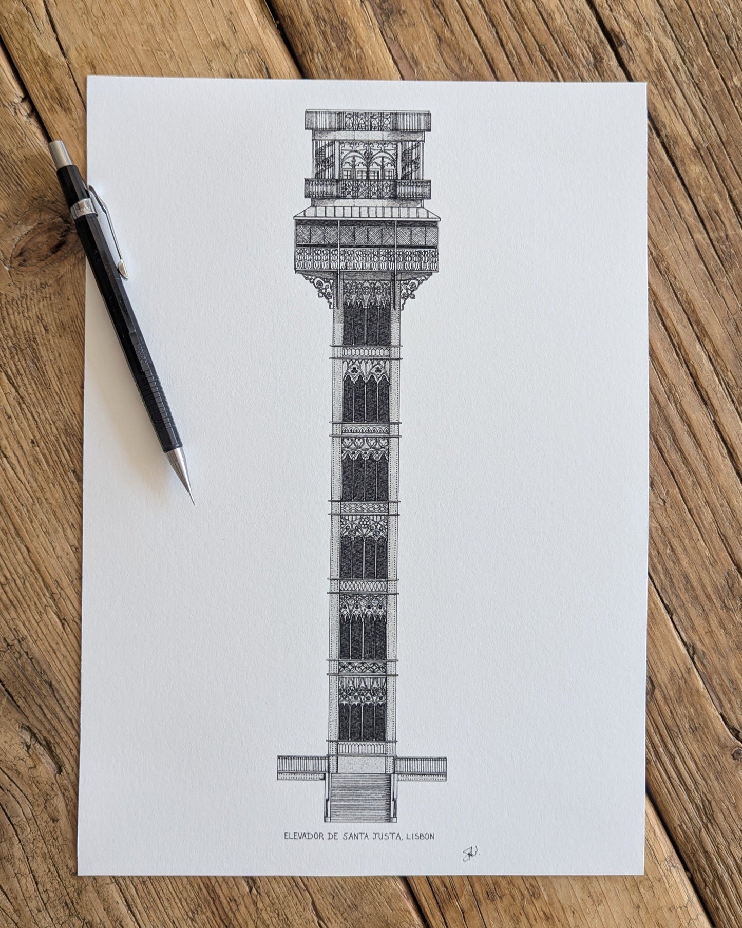 Black and white architectural drawing of Elevador Santa Justa in Lisbon, on a white quality paper