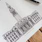 Detailed drawing of Old Marylebone Town Hall in London. Architectural illustration perfect for weddings.