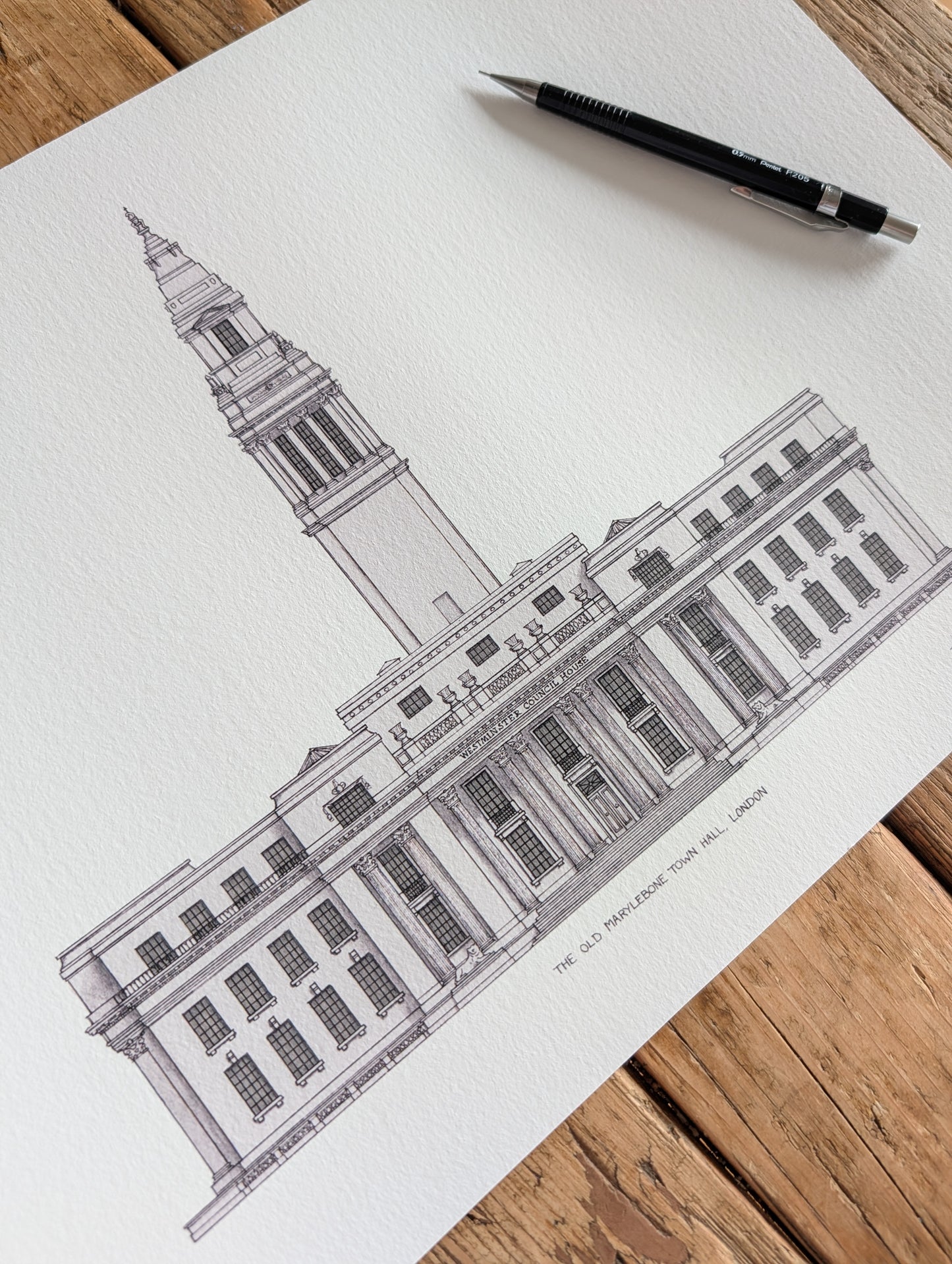 Detailed drawing of Old Marylebone Town Hall in London. Architectural illustration perfect for weddings.