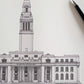 Detailed sketch of Old Marylebone Town Hall in London. Architectural illustration perfect for weddings.