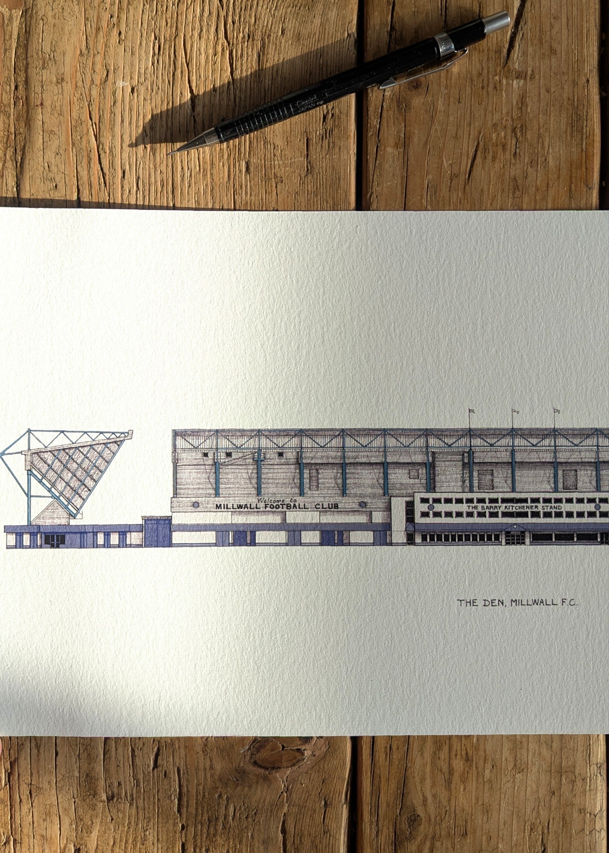 Architectural drawing of Millwall F.C stadium on a sheet of high quality paper 