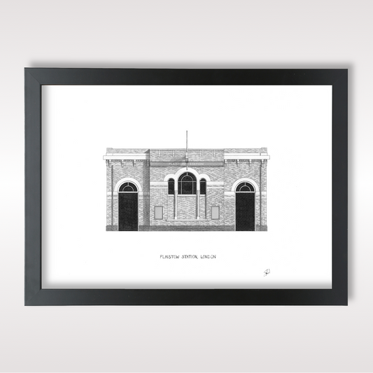 Hand-drawn architectural illustration of Plaistow Underground Station in London
