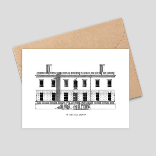 Greetings card featuring a line drawing of The Queen's House, Greenwich, with a blank inside for a message, and a kraft brown paper envelope.