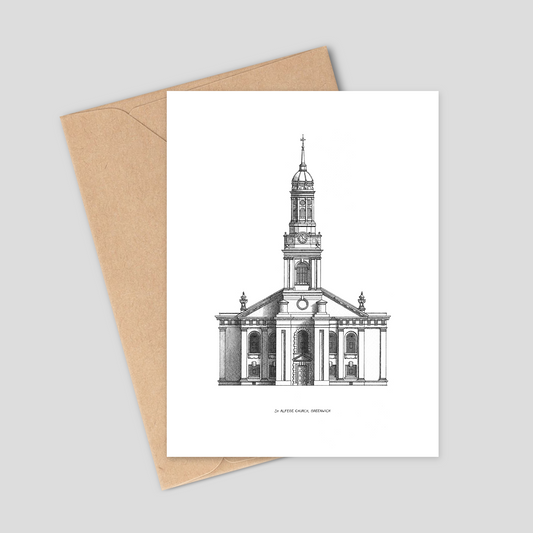 Greetings card featuring a line drawing of St Alfege Church, Greenwich, with a kraft brown paper envelope.