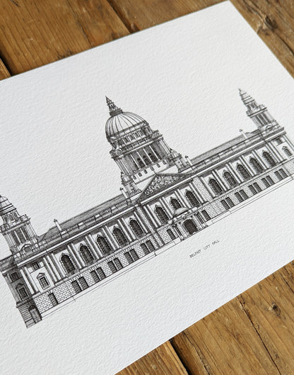 Detailed architectural illustration of Belfast City Hall