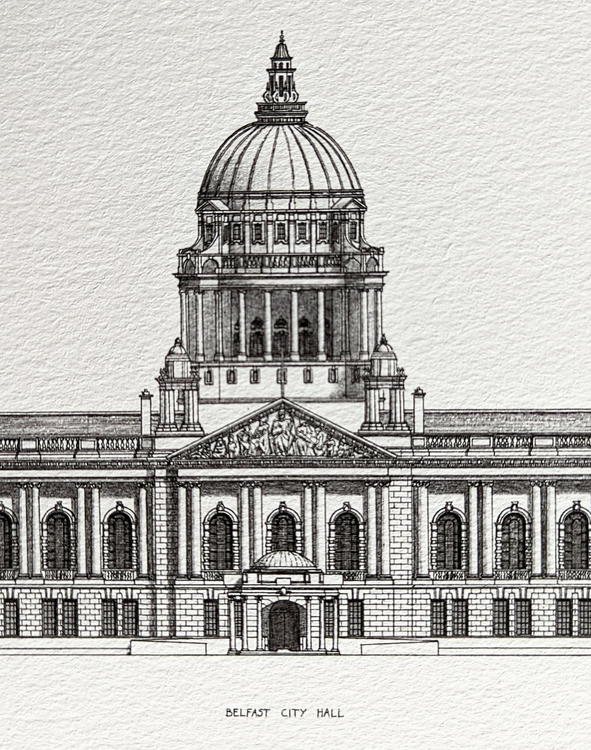 Hand drawn architectural illustration of Belfast City Hall