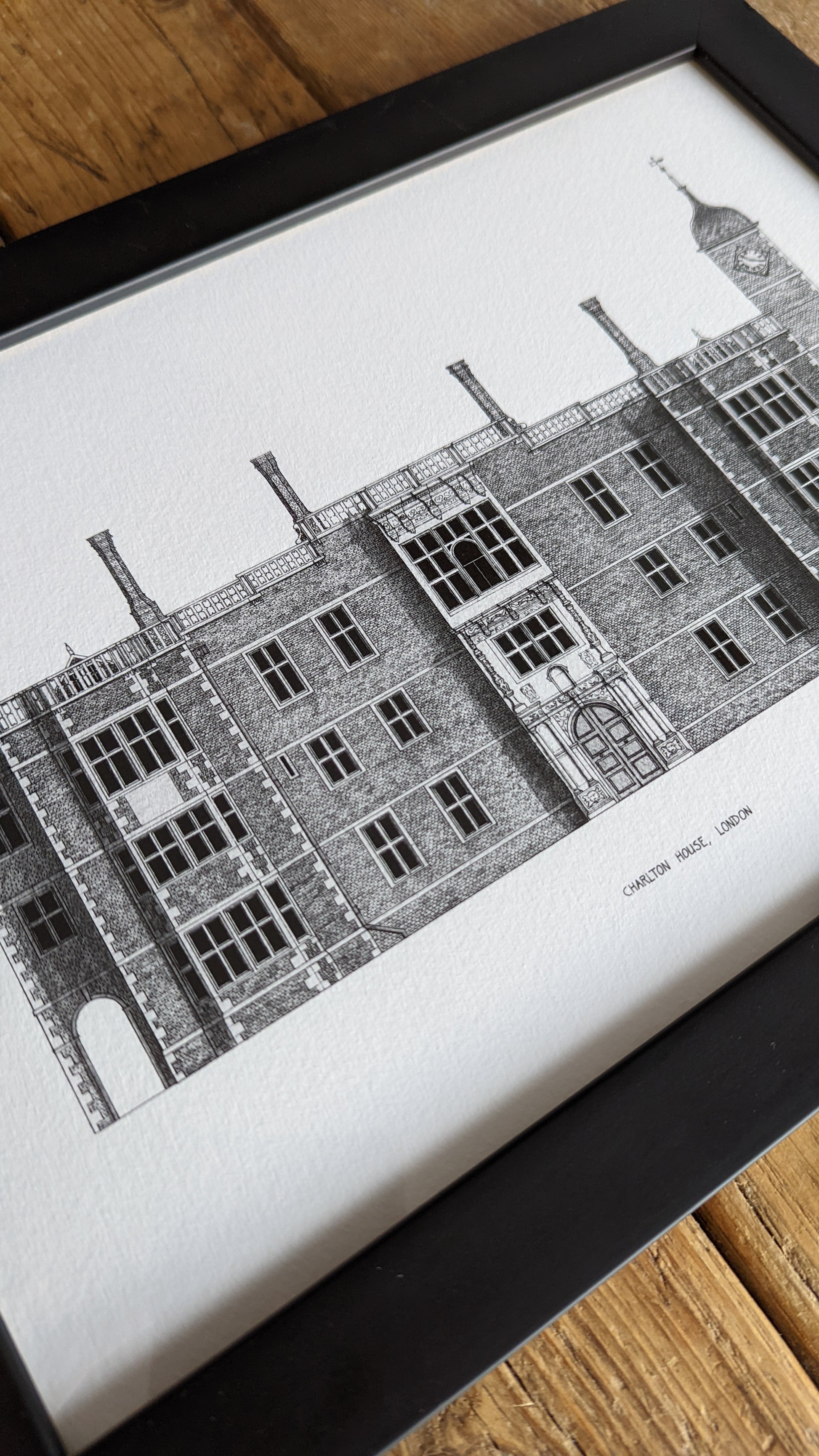 Hand sketched architectural illustration of Charlton House, London