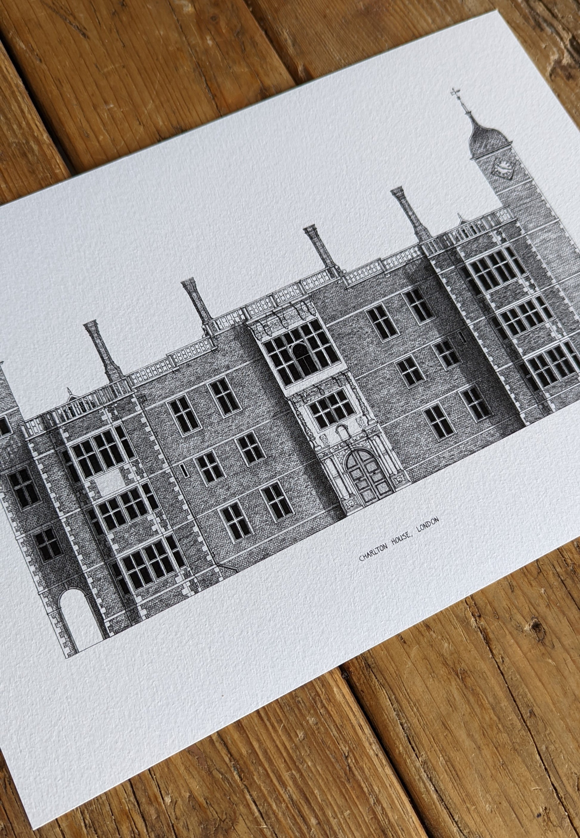 Detailed architectural illustration of Charlton House in London