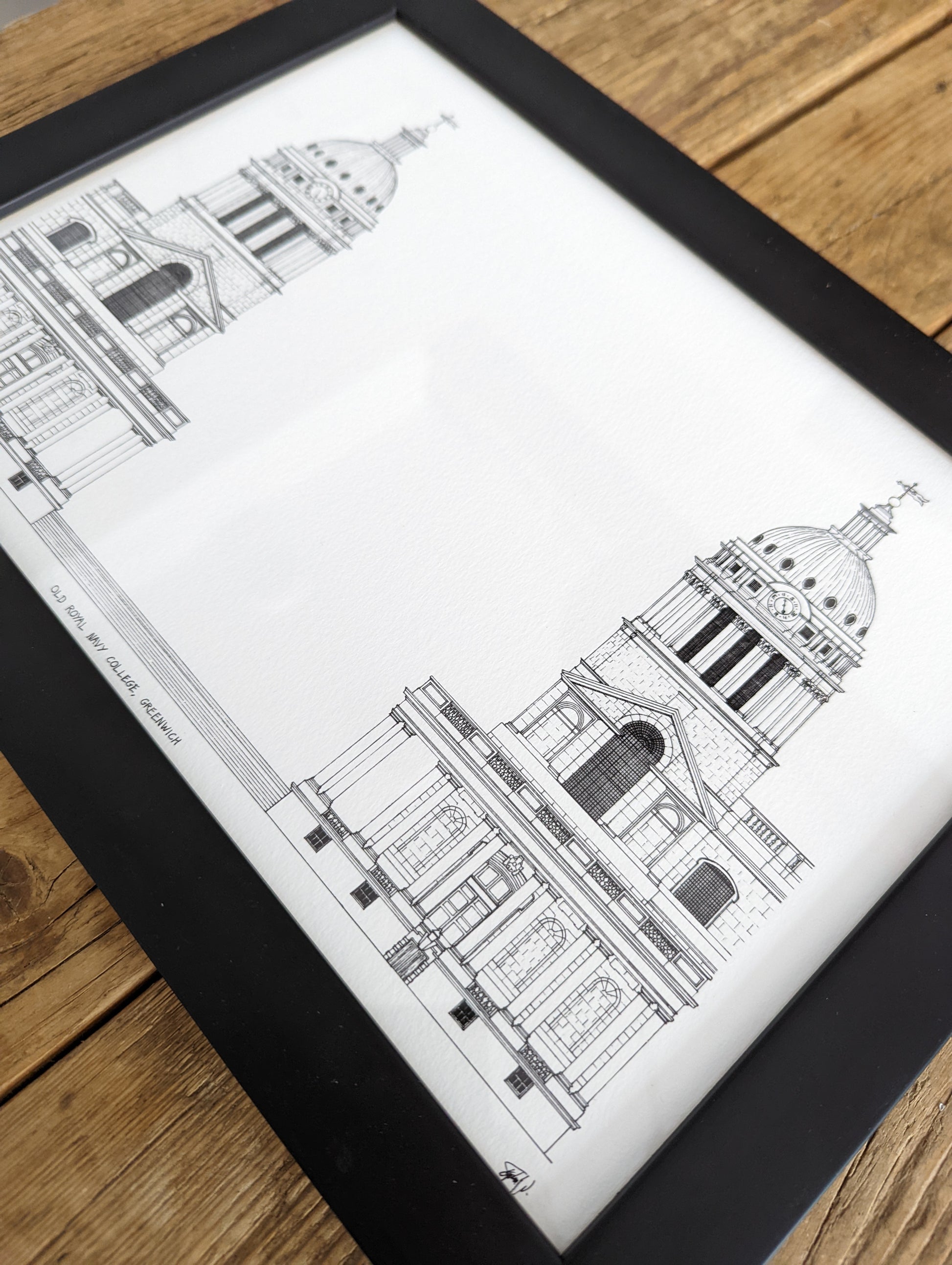 Hand-drawn architectural illustration of Old Royal Navy College in Greenwich