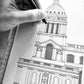 Hand-drawn architectural illustration of Old Royal Navy College in Greenwich