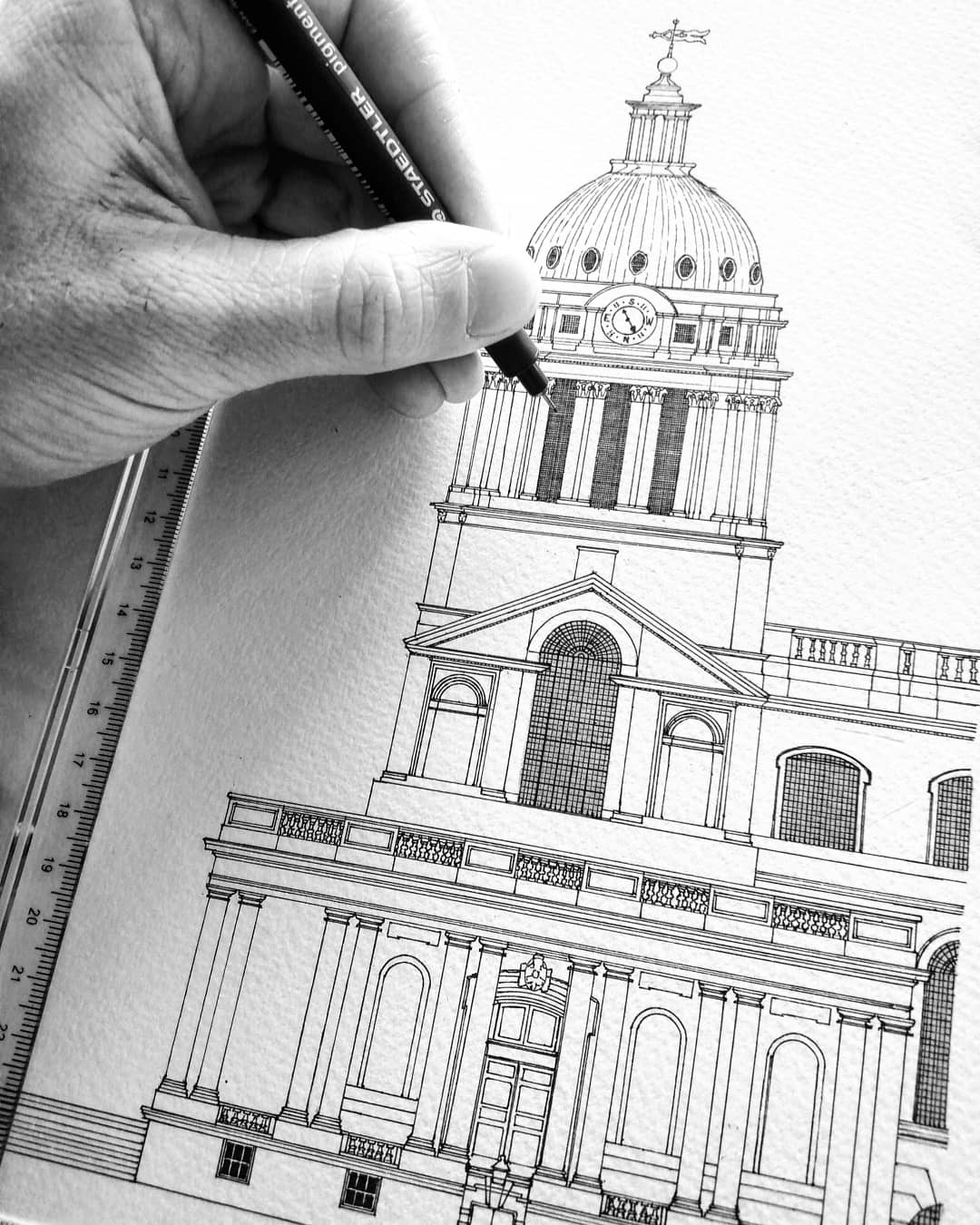 Hand-drawn architectural illustration of Old Royal Navy College in Greenwich
