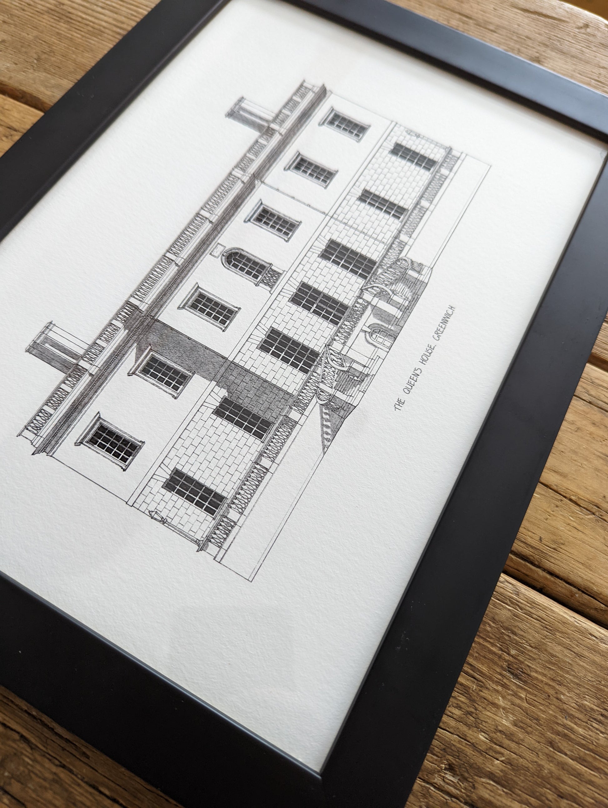 Hand sketched architectural illustration of The Queens House in Greenwich, London.