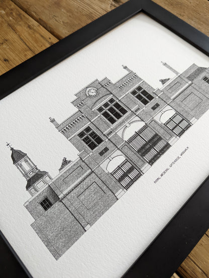 Hand sketches architectural illustration of Woolwich Gatehouse in London